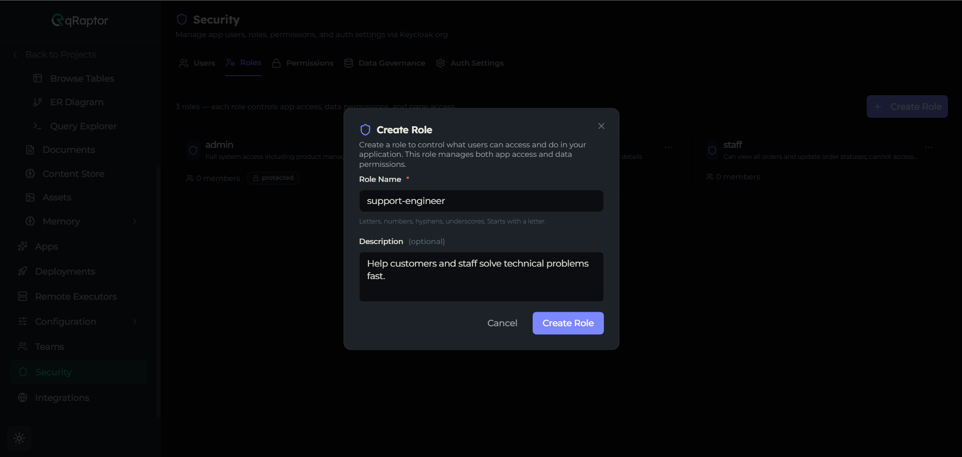 Create Role dialog showing Role Name and Description fields