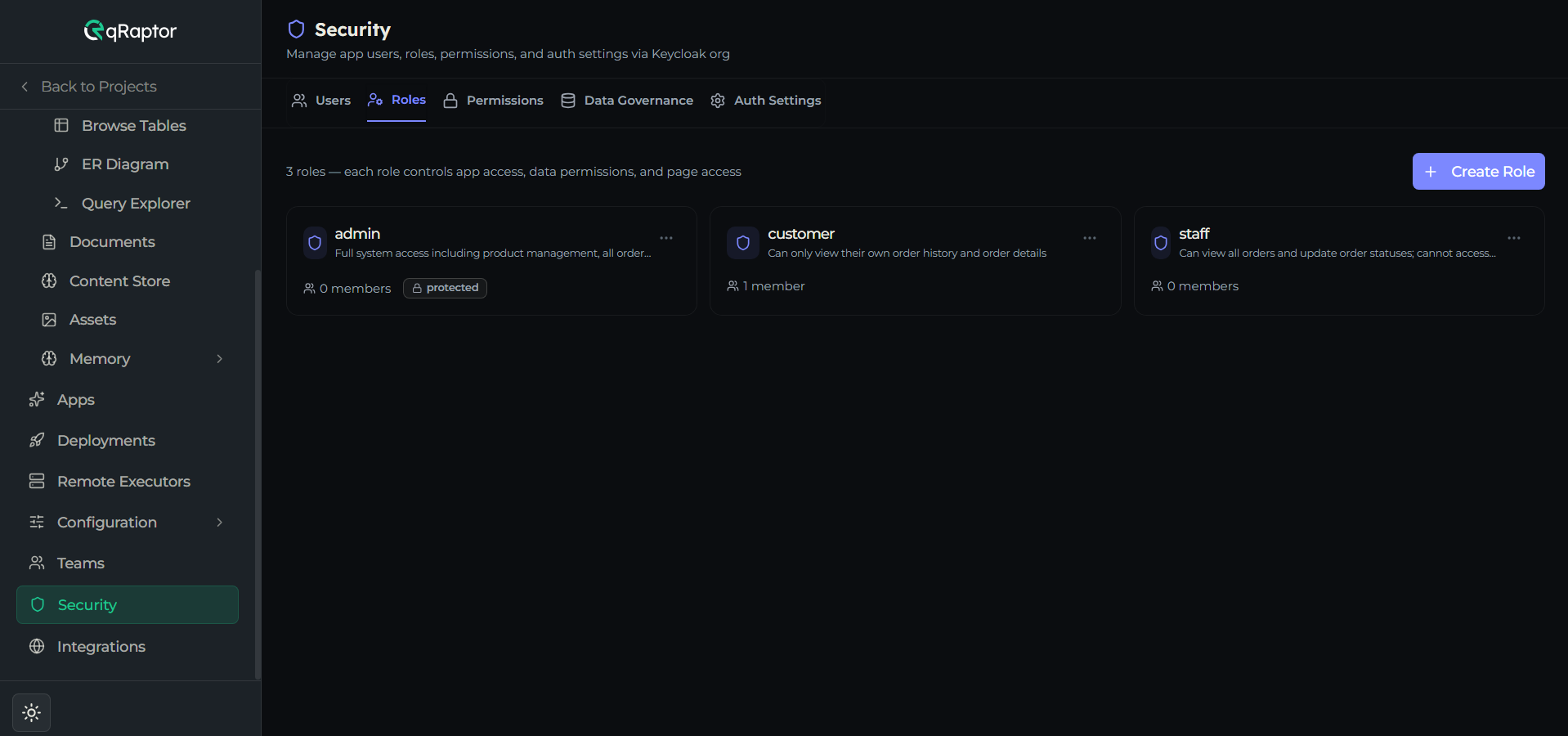 Roles tab showing role cards with name, description, member count, and protected badge