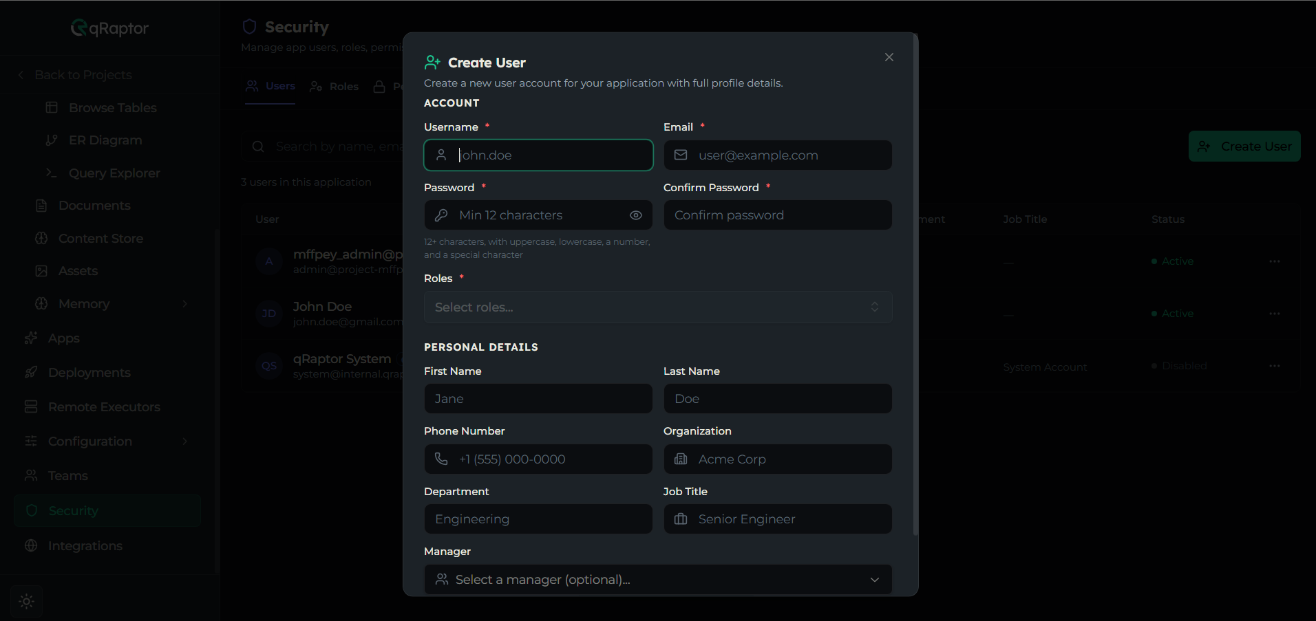 Create User dialog showing account and personal details fields