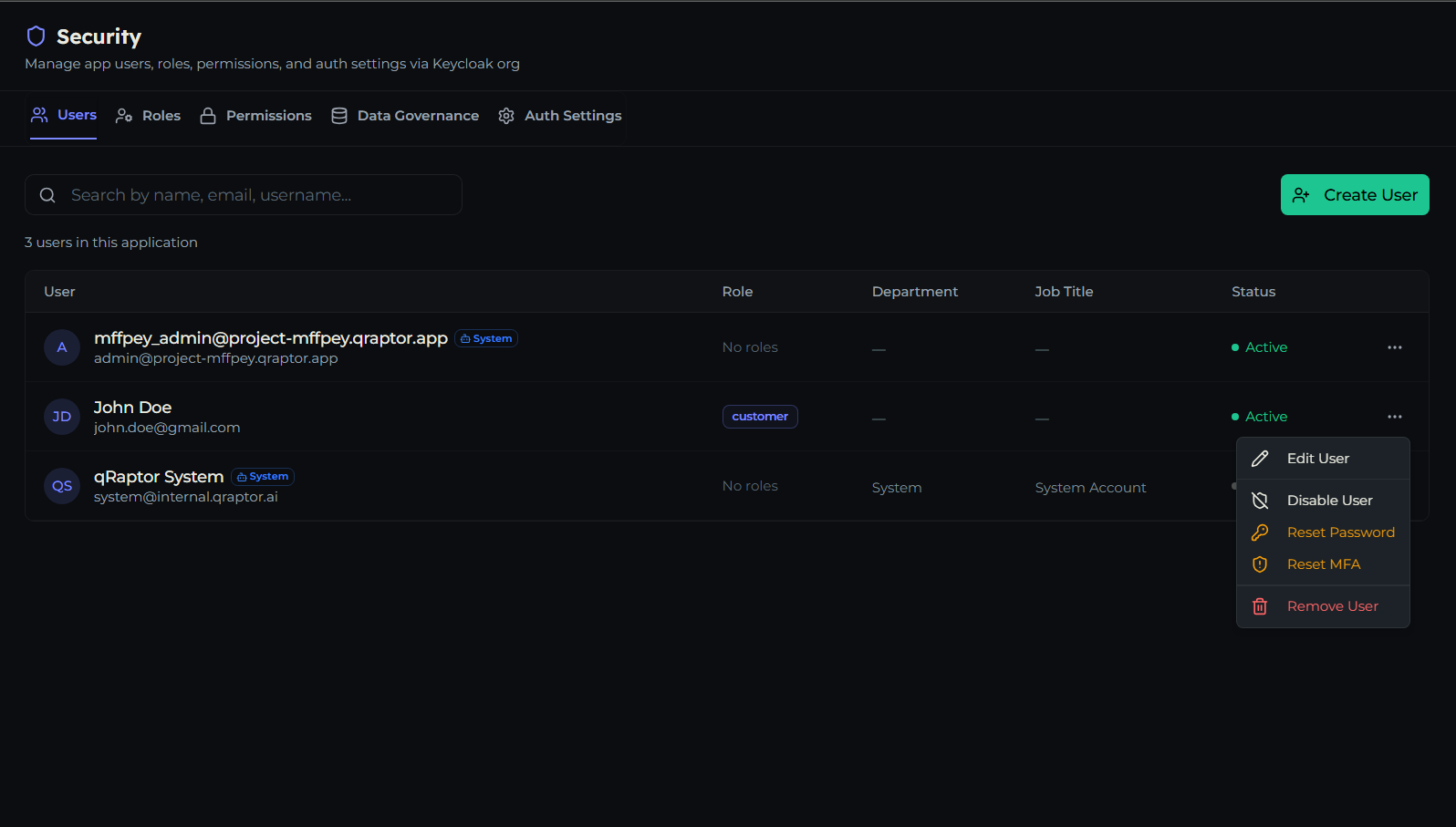 User row action menu showing Edit, Disable, Reset Password, Reset MFA, and Remove options